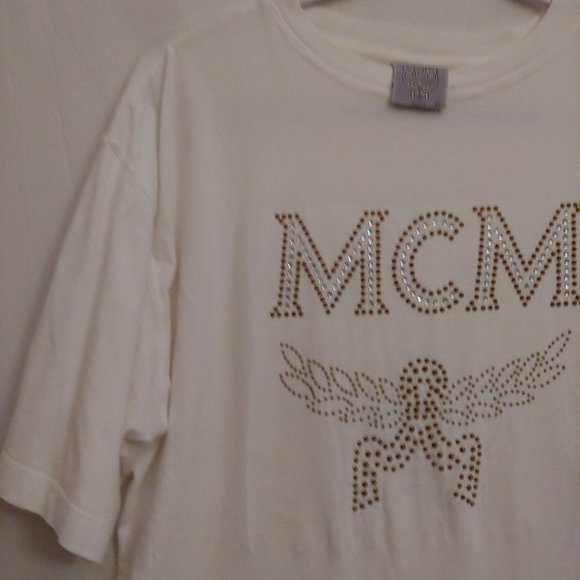 MCM  Womens White Swarovski Crystals Logo Short Sleeve T-Shirt XL - Picture 2 of 10